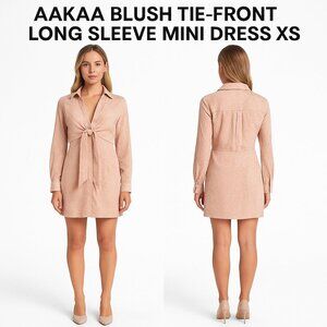AAKAA BLUSH TIE-FRONT LONG SLEEVE MINI DRESS XS